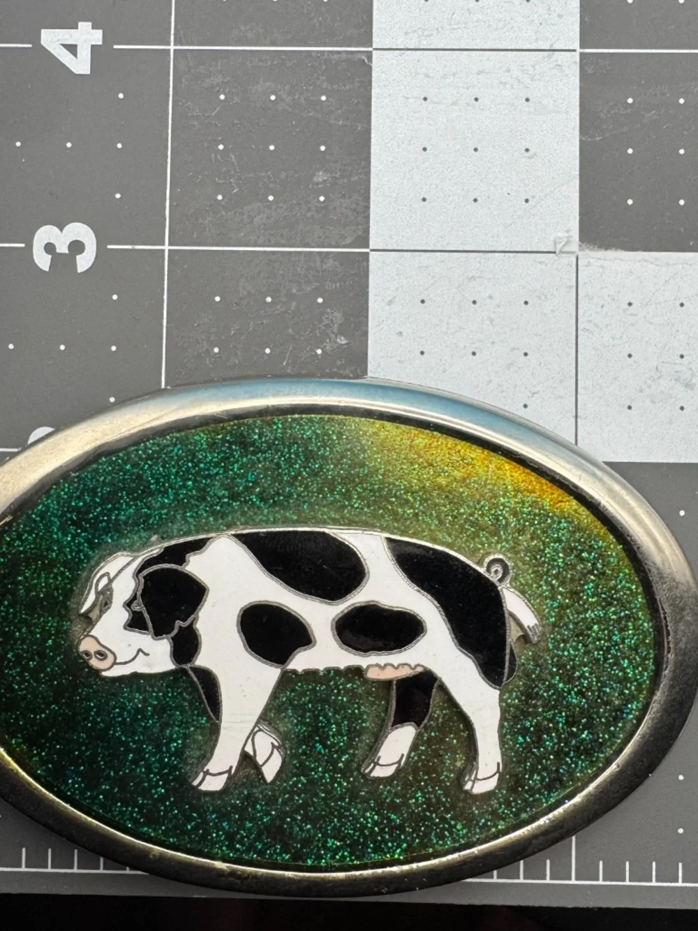 Vintage MCBI Spotted Pig Green Sparkly Enamel Inlay Silver Tone Belt Buckle
